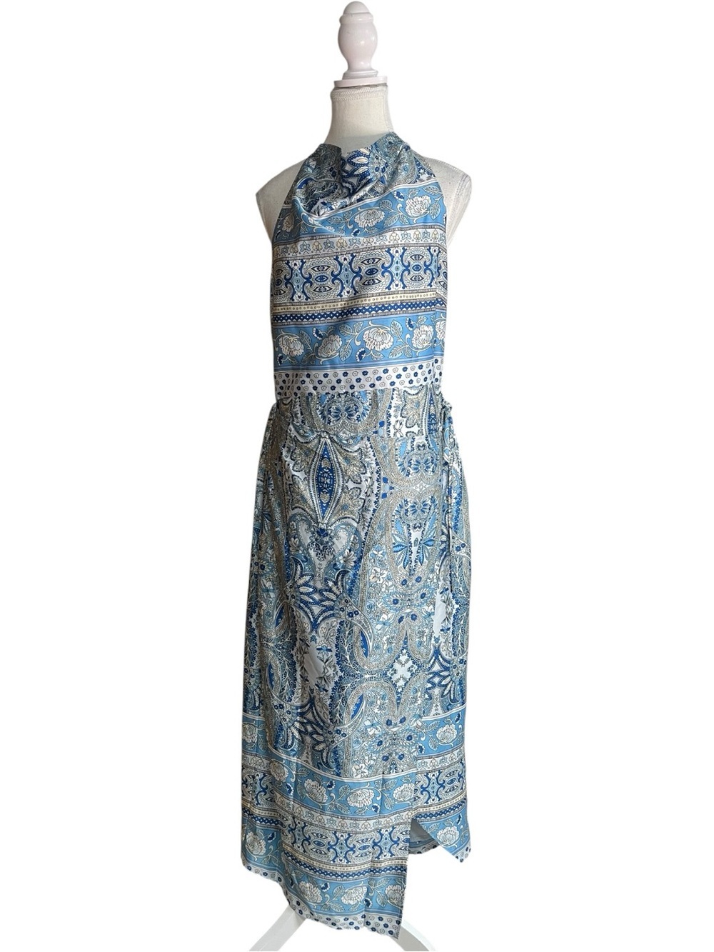 Lulus Radina Paisley Print Satin Halter Midi Wrap Dress Blue
